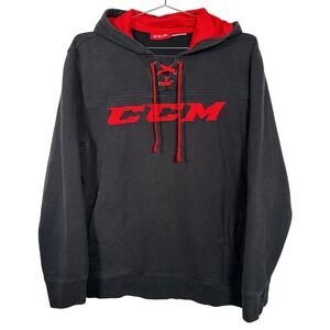 CCM Y2K Mens XL Black Red Lace Up‎ Hockey Hoodie Embroidered Logo Sweater
